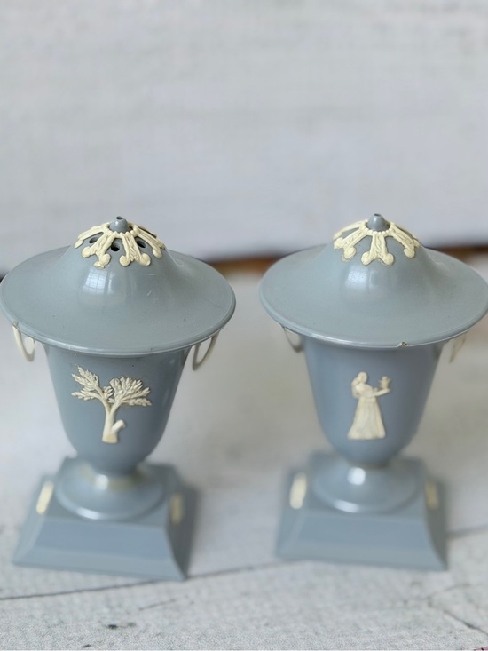 Other - Pair of Gray Decorative Covered Urns with Cream Relief Accents